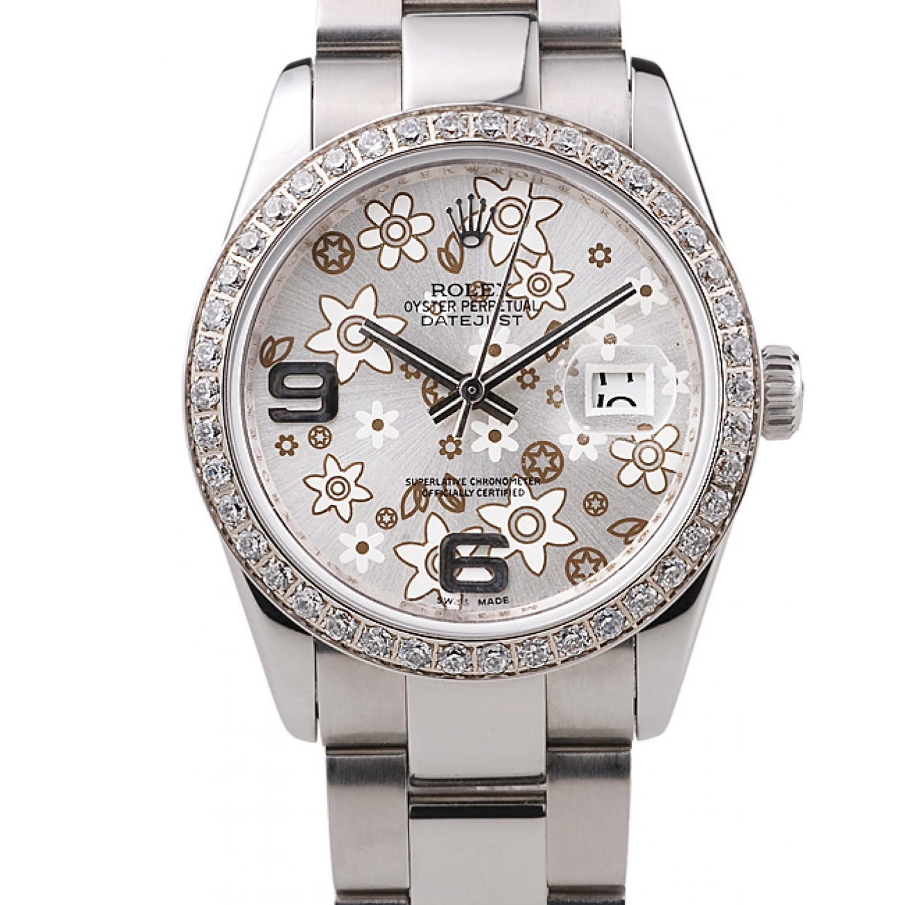 MiroTime 0806 Rolex Datejust Stainless Steel Silver Flowers Dial Diamond Plated rl305